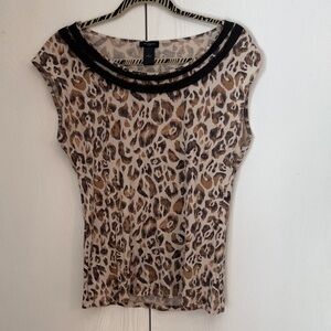 Ann Taylor Leopard Print Scoop Neck Blouse with Black Accents Size Large